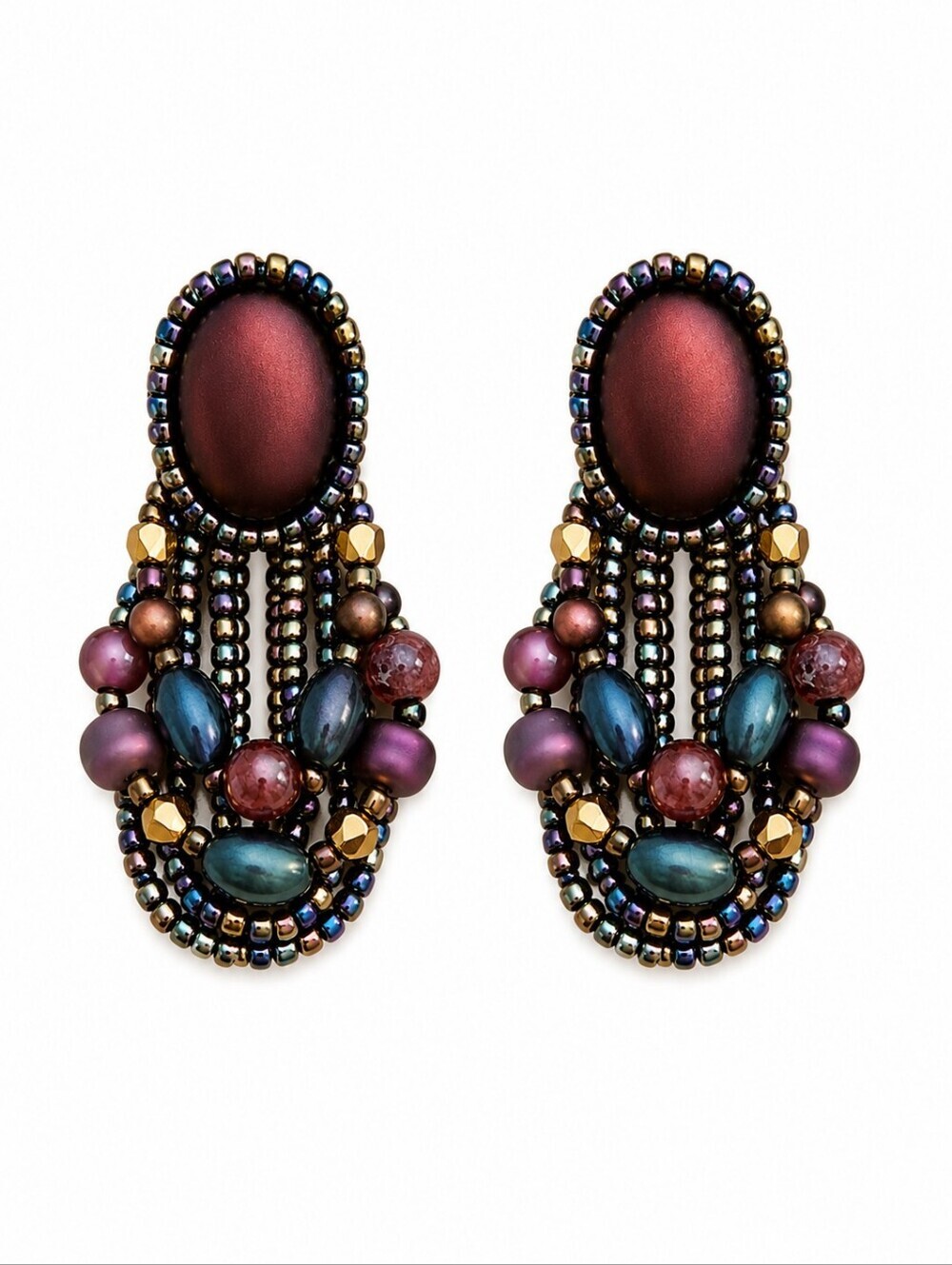 CHIPITA 1980s Southwestern Purple Peacock Beaded Dangle Post Festival Earrings